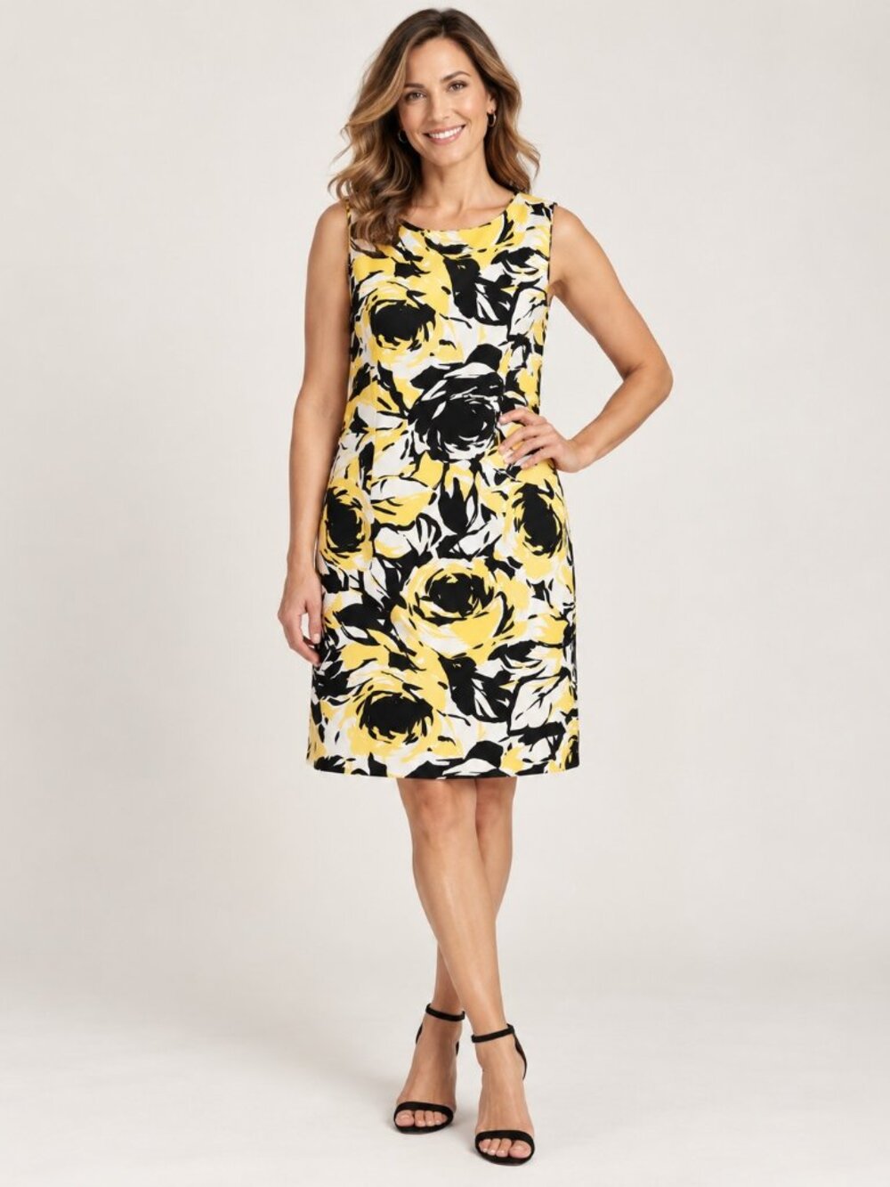 Women's Sleeveless Floral Shift Dress Yellow Black White